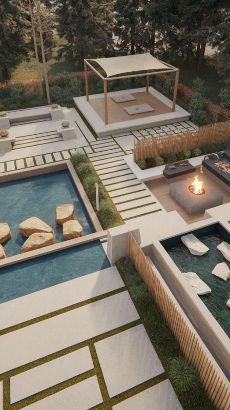Comprehensive outdoor wellness area layout showcasing different zones and their connections