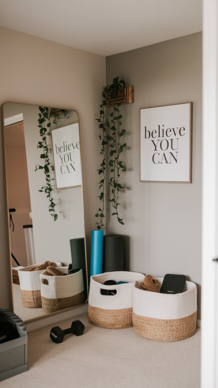 Aesthetically pleasing home workout space with organized equipment and natural elements