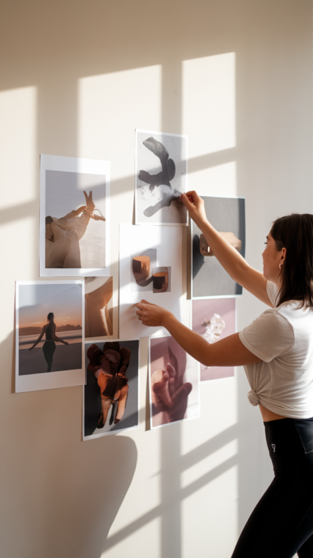Woman creating an inspiring wellness vision board with curated health and fitness imagery