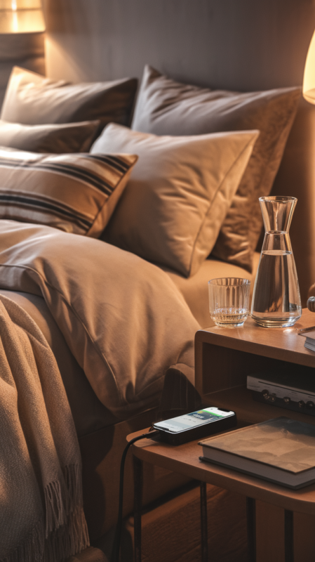 Cozy guest bedroom vignette featuring comfortable bedding, ambient lighting, and thoughtful guest amenities