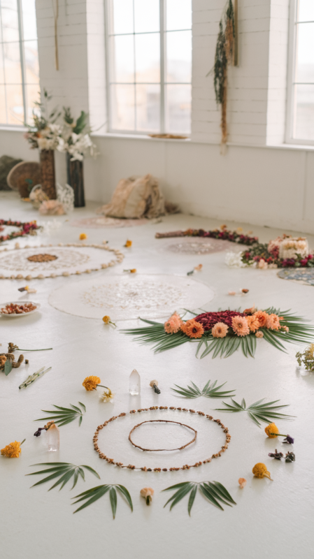 Wellness retreat mandala creation workshop with natural materials