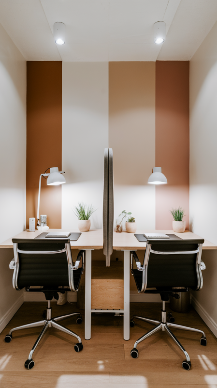 Small dual office setup featuring efficient workspace division and shared storage solutions