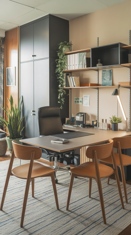Versatile home office space featuring furniture that serves multiple purposes, perfect for small spaces