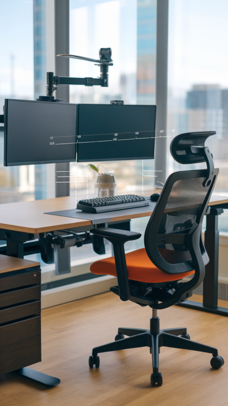 Small office setup demonstrating proper ergonomic positioning and space-efficient comfort solutions
