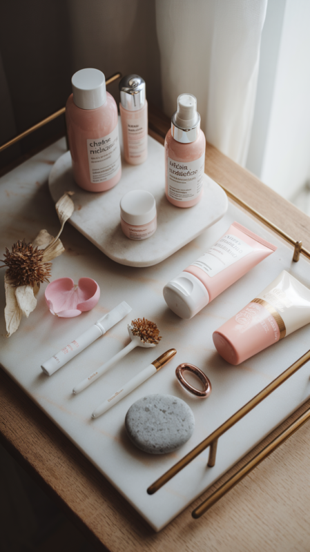 Luxury self-care station featuring organized skincare products and wellness tools on marble surface