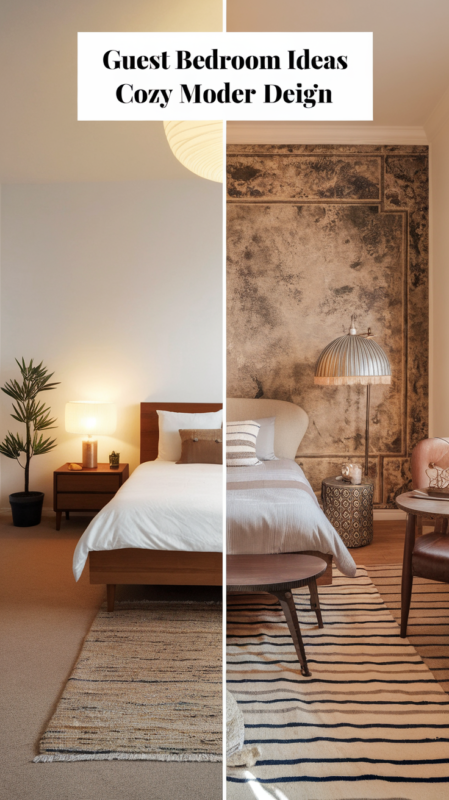 Before and after transformation showing a guest bedroom's journey from basic modern to cozy contemporary with vintage charm