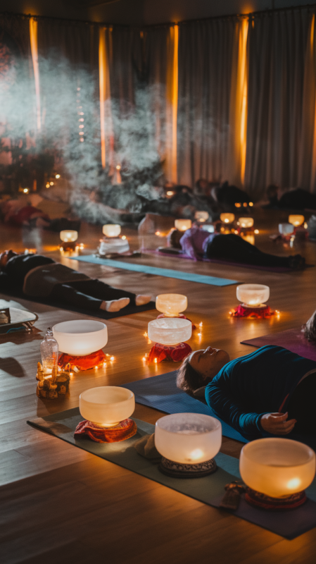Sound healing ceremony with crystal bowls at wellness retreat
