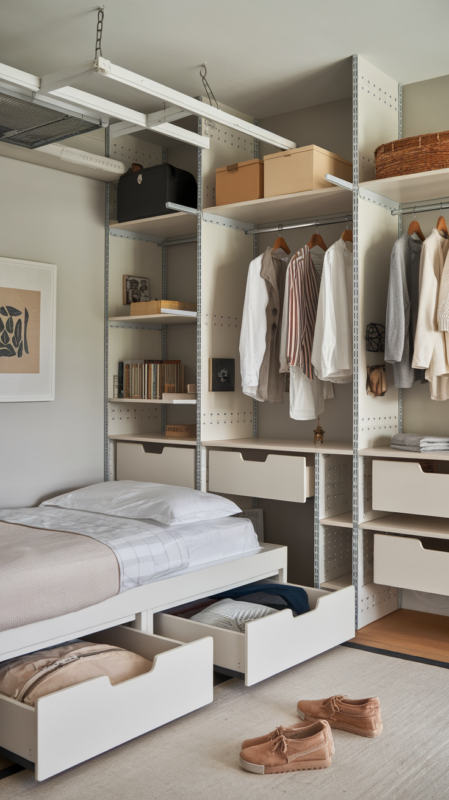 Innovative storage solutions for small guest bedrooms featuring under-bed storage, floating shelves, and ceiling-mounted organization