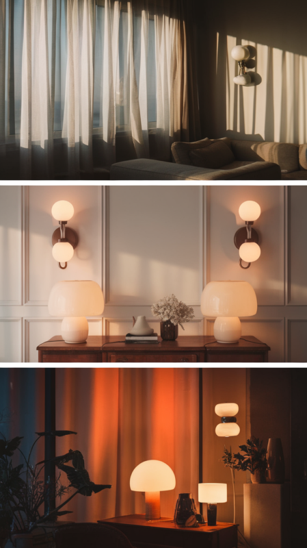 Layered lighting design in a guest bedroom featuring modern fixtures and vintage-inspired accent lights