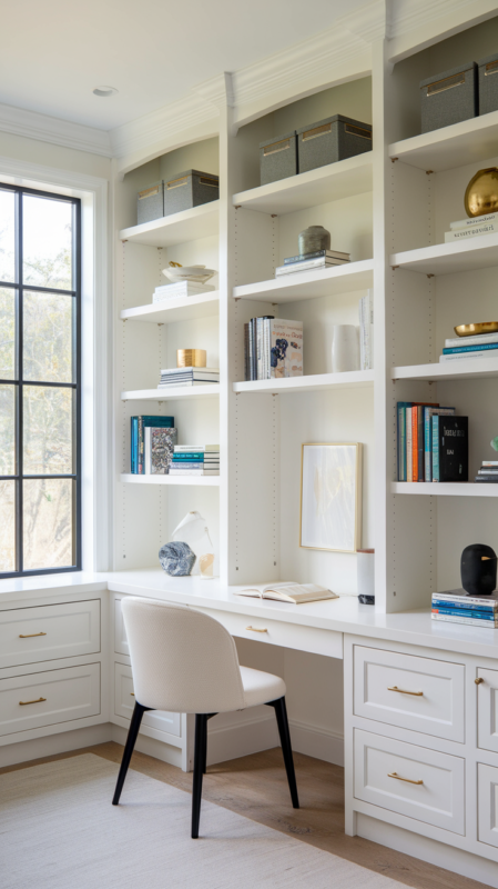 Floor-to-ceiling bookshelf home office showcasing vertical storage solutions and integrated desk space