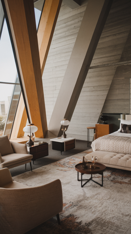 Modern guest bedroom featuring clean lines and contemporary furniture softened by cozy textiles and vintage lighting