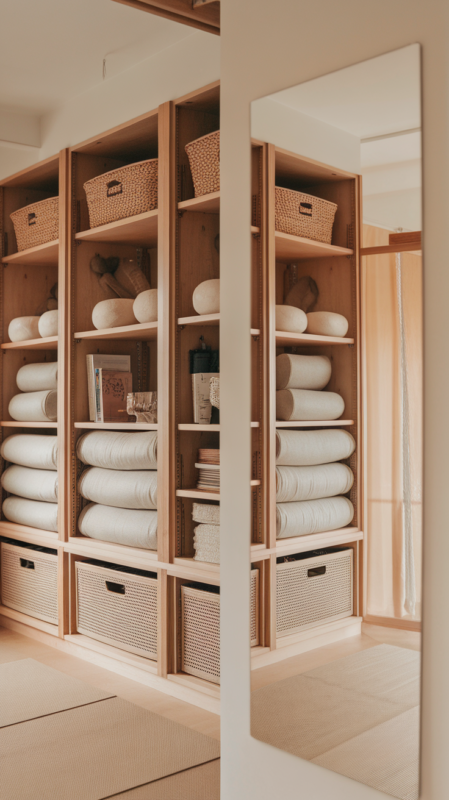 Organized wellness room storage showcasing mindful organization of yoga and meditation equipment