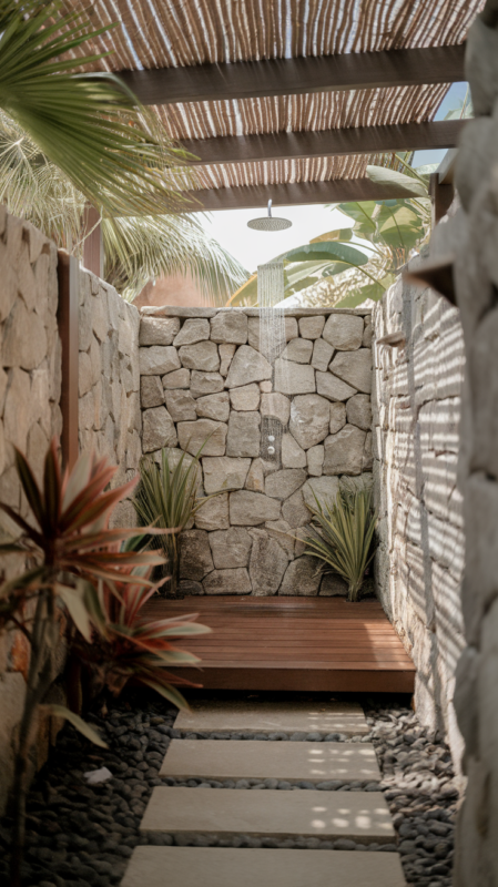 Luxurious outdoor shower area combining natural materials with lush landscaping