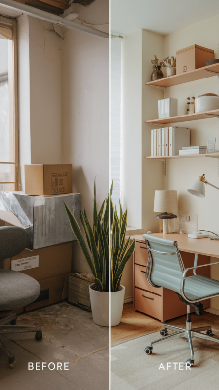 Before and after transformation of a small home office space showing dramatic improvement in organization and style