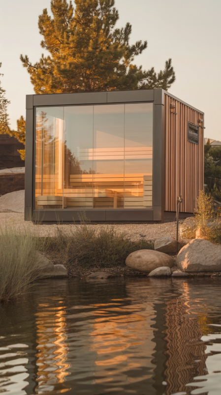 Contemporary outdoor sauna design featuring natural materials and landscape integration