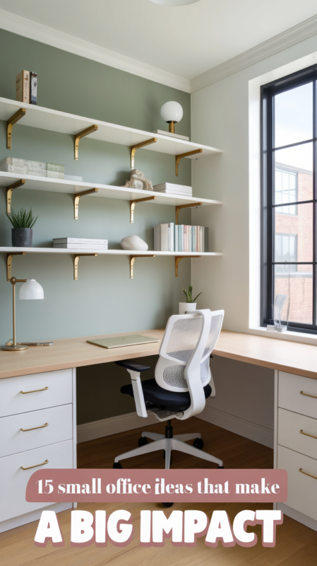 Beautifully designed small home office featuring a corner desk, floating shelves, and smart storage solutions, demonstrating effective use of limited space