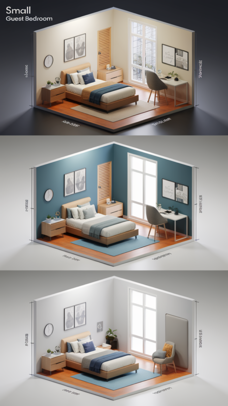 Three efficient layout options for small guest bedrooms showcasing optimal furniture placement and traffic flow