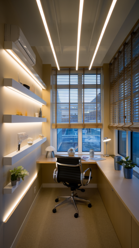 Small office space showcasing effective layered lighting design with multiple light sources and smart solutions