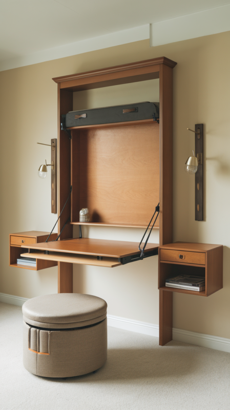 Multi-functional furniture solutions for small guest bedrooms including murphy bed, storage ottoman, and wall-mounted pieces