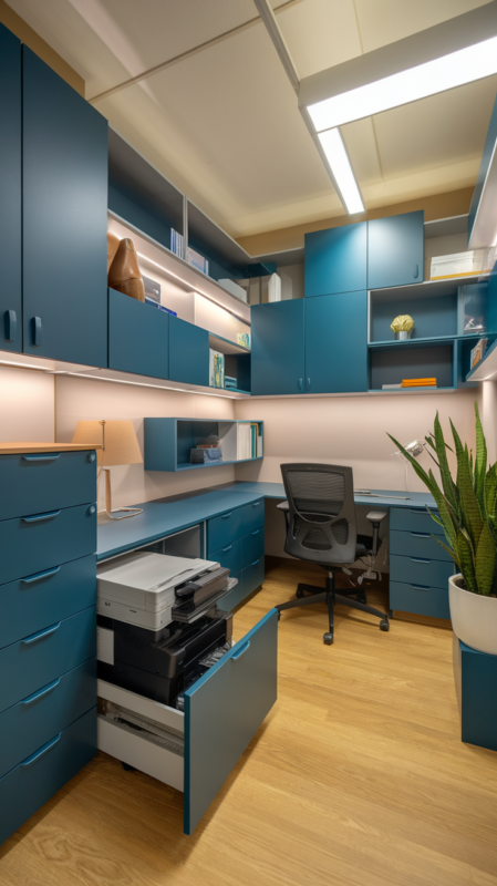 Small office space showcasing creative storage solutions and organized systems
