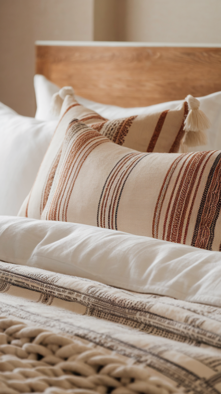 Luxurious bedding layers combining modern and vintage-inspired textiles for a cozy guest bedroom