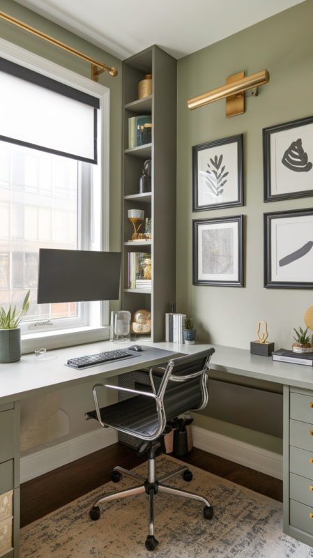Space-efficient corner home office featuring an L-shaped desk setup, wall-mounted monitor, and vertical storage solutions