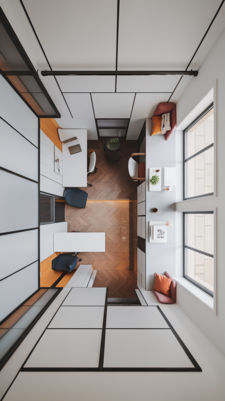 Bird's eye view of small office layout showing optimal furniture placement for maximum walking space