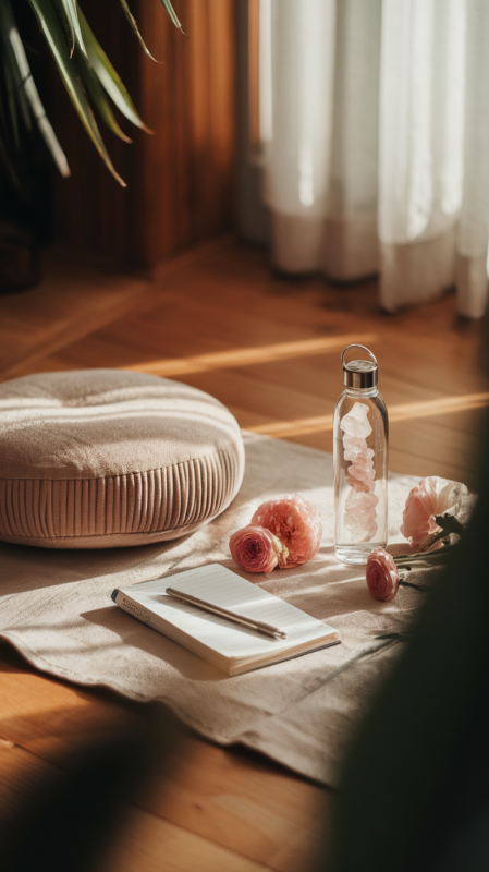 Mindful morning routine setup featuring meditation accessories and journaling materials in warm natural light