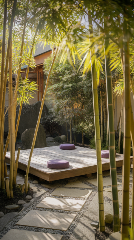 Peaceful yoga and meditation deck with mindful design elements and natural surroundings