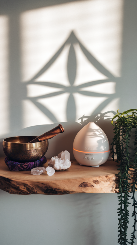 Thoughtfully arranged wellness room accessories featuring mindful elements and natural materials
