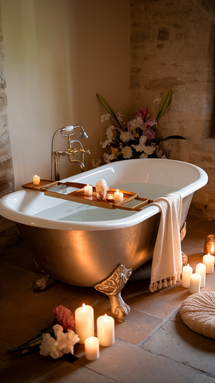 A cozy bathroom featuring a luxurious freestanding bathtub decorated with candles and flowers.