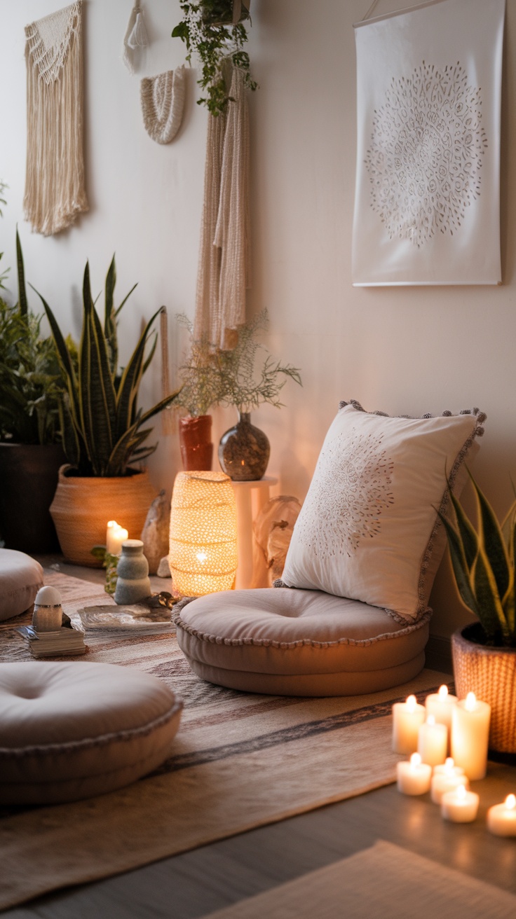A cozy meditation space featuring cushions, candles, and plants for a calming atmosphere.