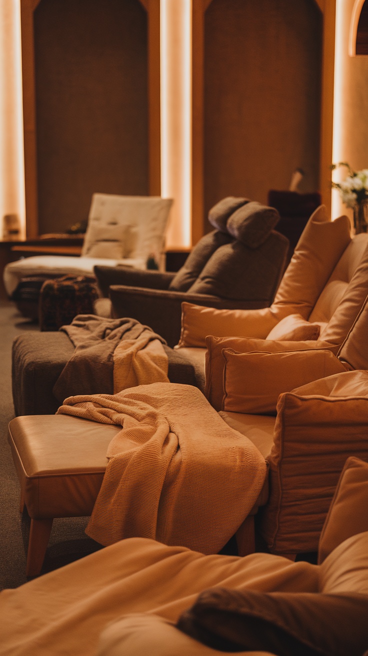 Cozy relaxation lounge with soft seating and warm lighting