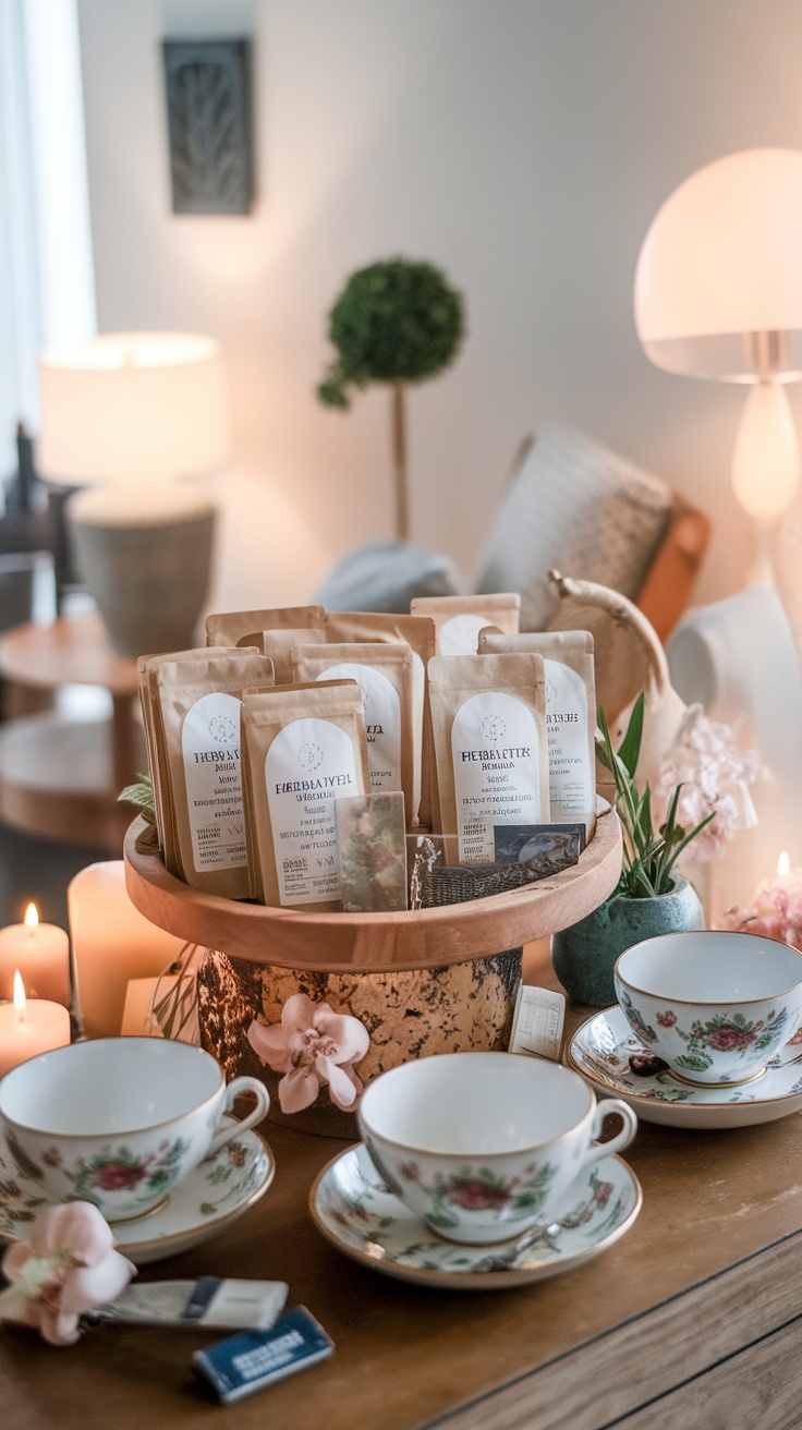 A herbal tea station with various tea bags in a wooden bowl, elegant teacups, and candles on a wooden table.