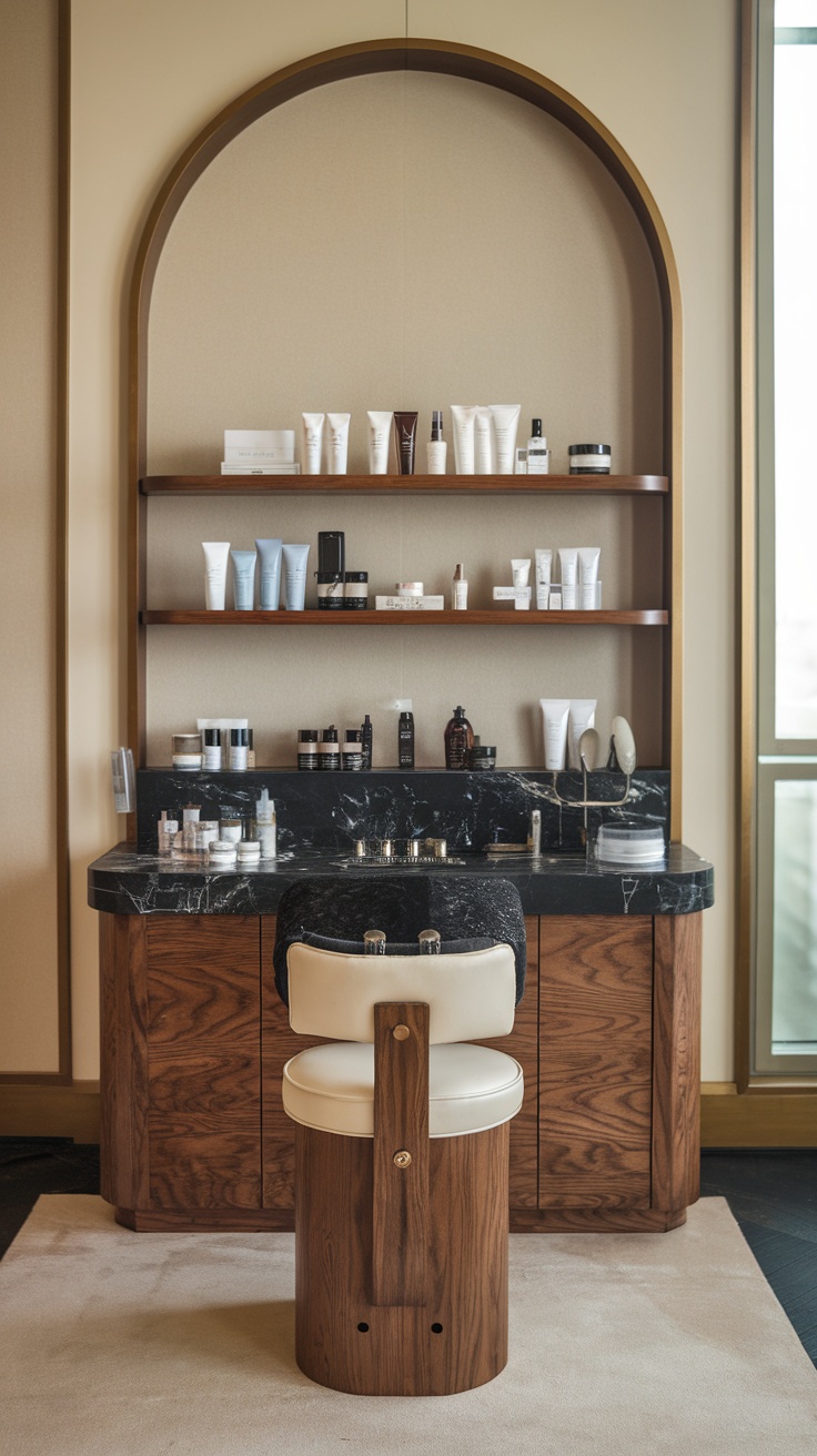 A stylish spa treatment station with various skincare products displayed on a dark marble countertop and a comfortable stool.