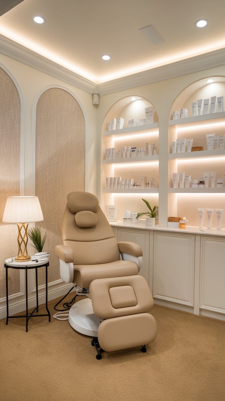 Luxurious facial treatment area with a comfortable chair and skincare products on display.
