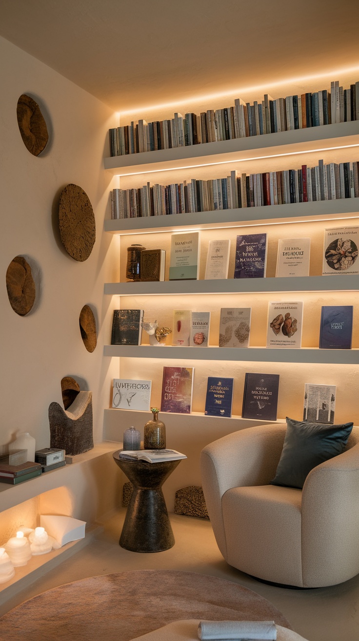 Cozy wellness library with bookshelves, comfortable seating, and soft lighting.