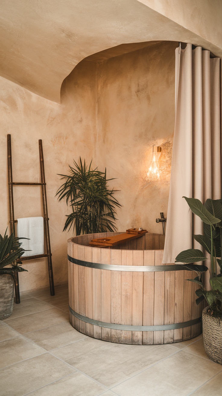A cozy spa room featuring a wooden bath, plants, and warm lighting.