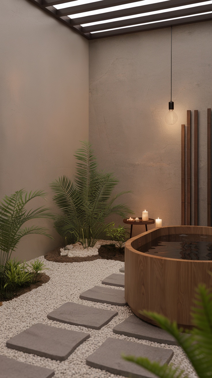 A serene spa room featuring a wooden hot tub surrounded by plants and soft lighting.