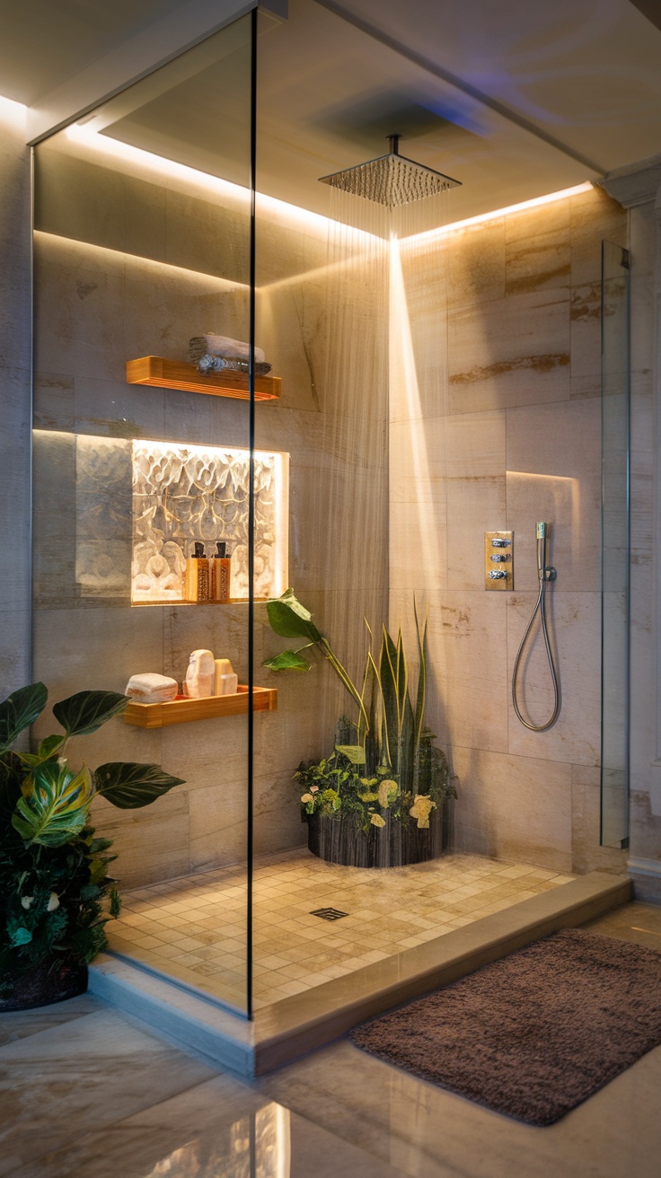 Luxurious shower with stone walls, rainfall showerhead, and lush greenery.