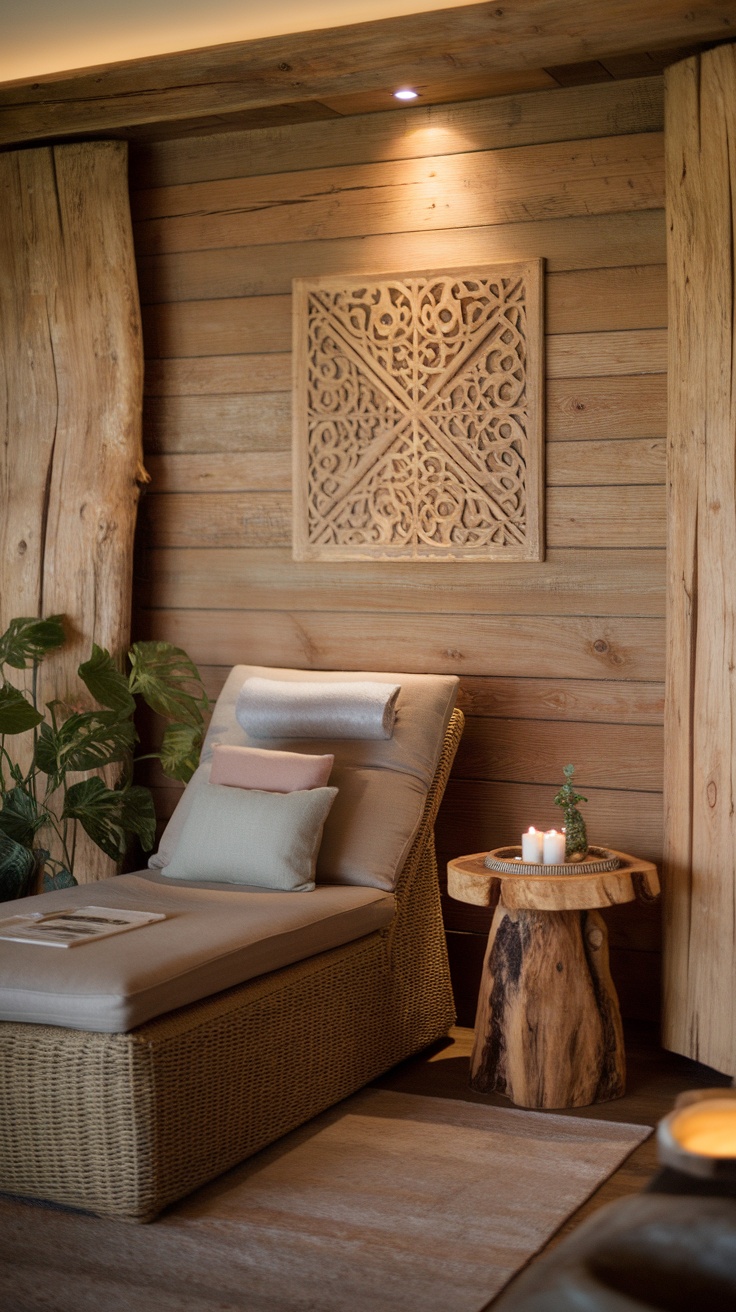 A cozy relaxation nook featuring a lounge chair, wooden accents, candles, and plants.
