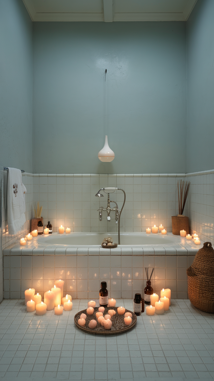 A cozy bathroom with an essential oil diffuser, candles, and plush towels.