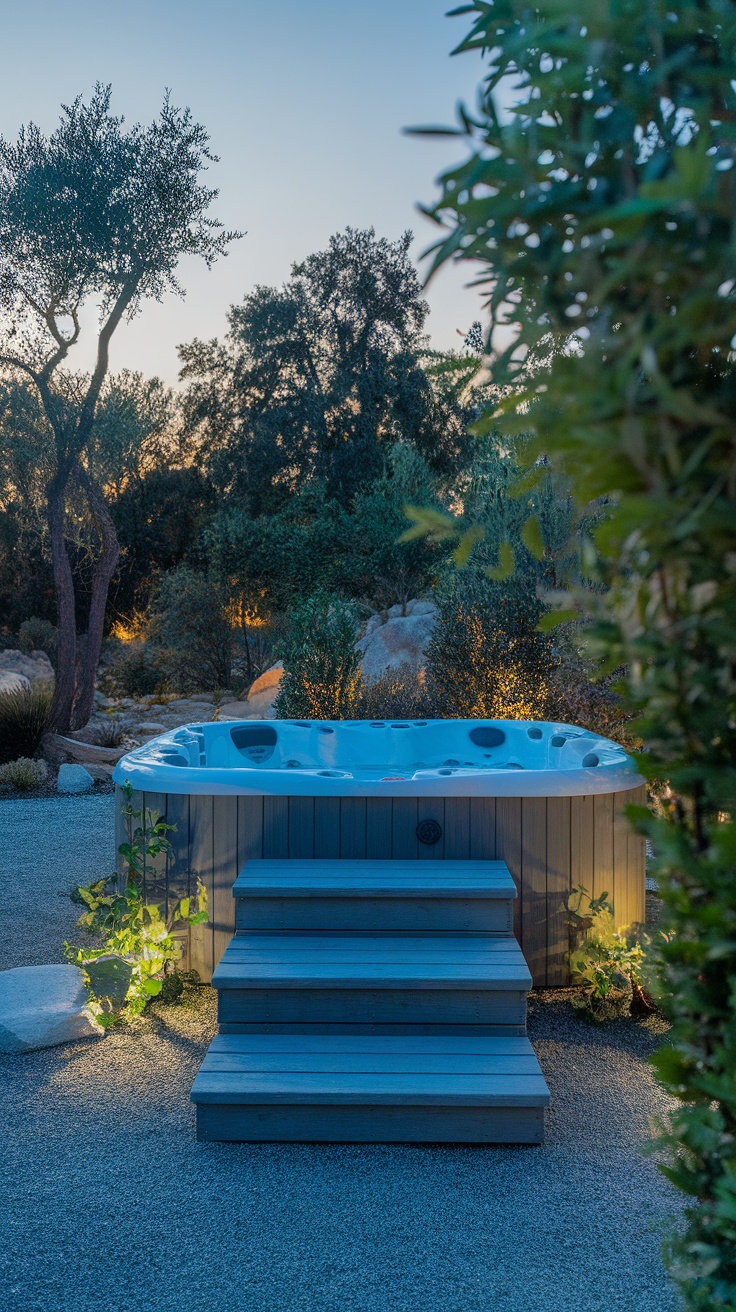 Outdoor spa retreat with hot tub and surrounding greenery