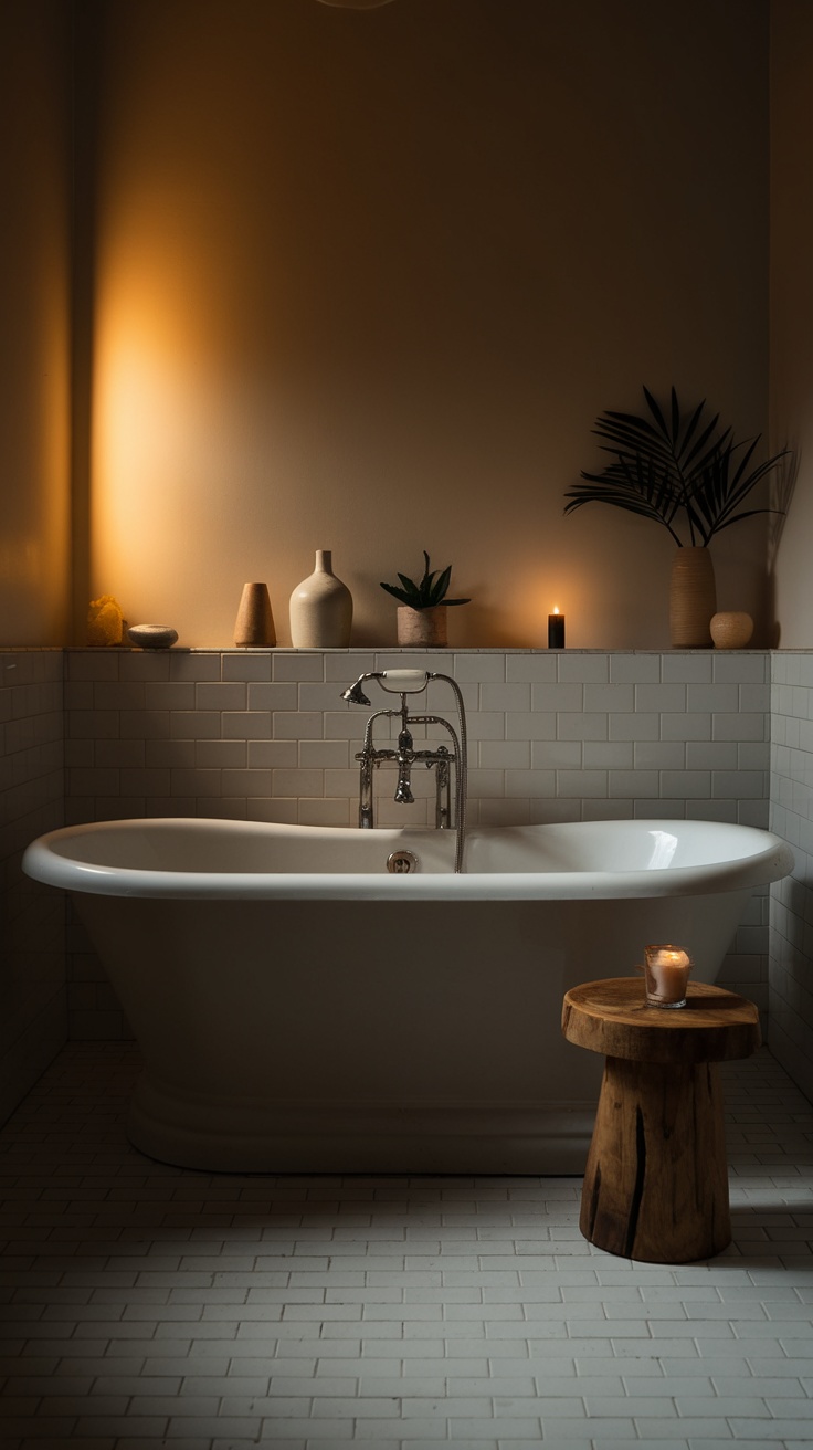 A cozy, warmly lit bathroom with a soaking tub, candles, and natural decor.