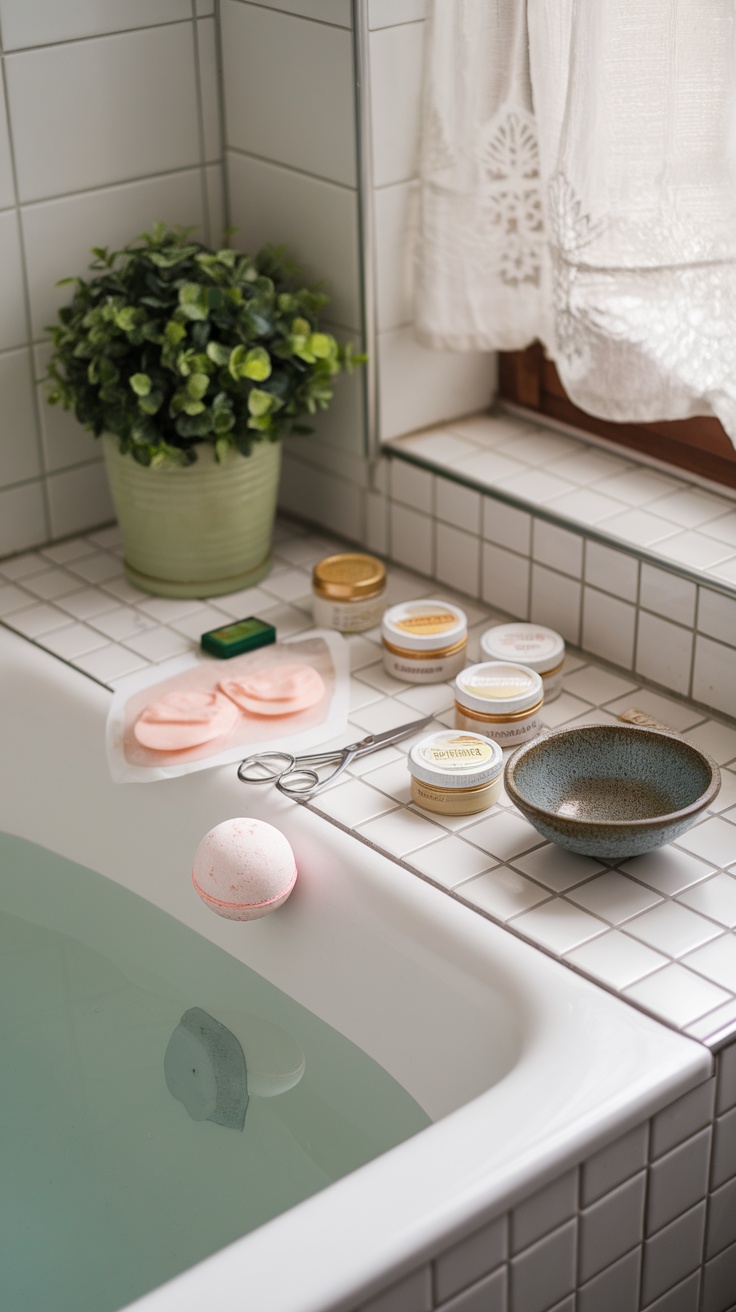 A serene bathroom scene with a bathtub, bath bombs, and skincare products, ideal for a spa-like retreat.