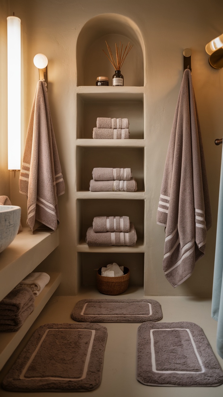 A stylish bathroom with neutral towels and decor, creating a relaxing atmosphere.