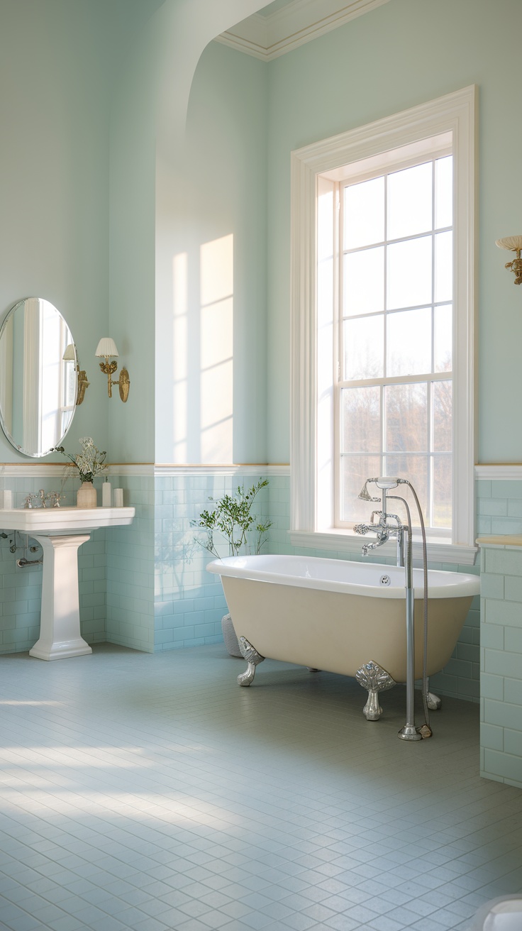 A serene bathroom featuring a light color palette with a bathtub and natural decor.