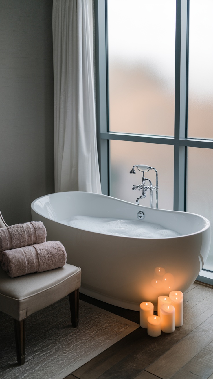 A modern freestanding bathtub beside a chair and candles, promoting a spa-like atmosphere.