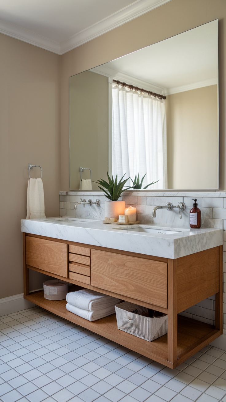 Stylish wooden bathroom vanity with marble top, candles, and plants.