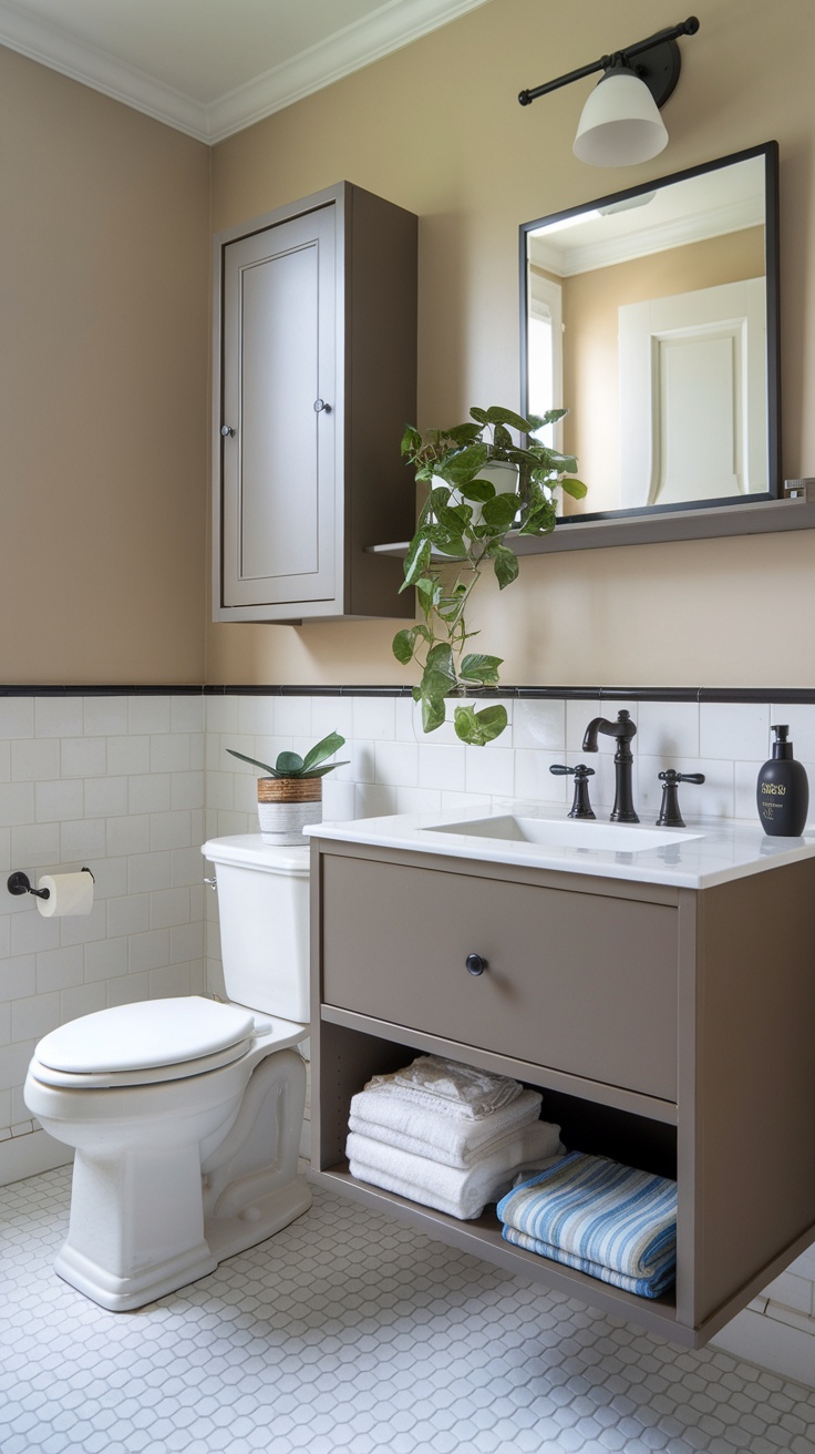 Modern bathroom with smart storage solutions, featuring a minimalist design and natural plants.